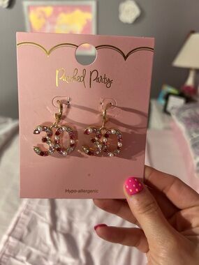 Packed Party Gold '30' Drop Earrings with Pink and Clear Crystals